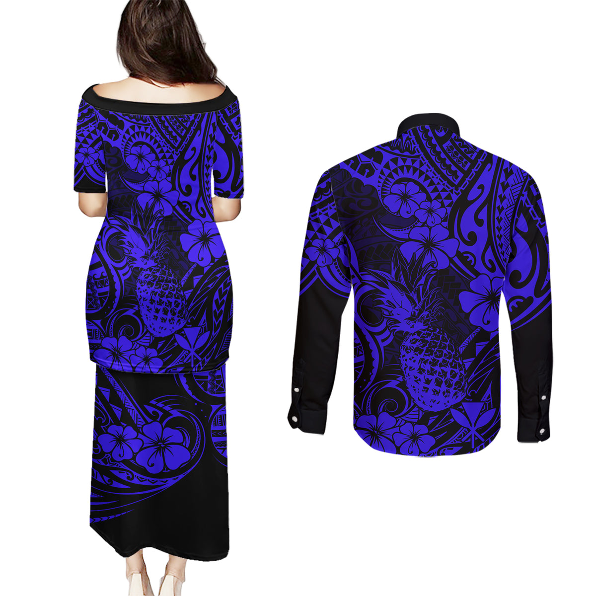Hawaii Pineapple Couples Matching Puletasi Dress and Long Sleeve Button Shirts Paradise Flowers Pacific With Navy Blue Polynesian Tribal LT01 - Polynesian Pride