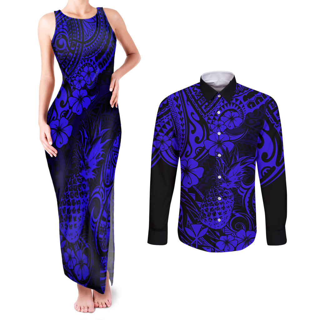 Hawaii Pineapple Couples Matching Tank Maxi Dress and Long Sleeve Button Shirts Paradise Flowers Pacific With Navy Blue Polynesian Tribal LT01 Blue - Polynesian Pride
