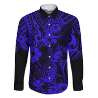 Hawaii Pineapple Family Matching Short Sleeve Bodycon Dress and Hawaiian Shirt Paradise Flowers Pacific With Navy Blue Polynesian Tribal LT01 Dad's Shirt - Long Sleeve Blue - Polynesian Pride