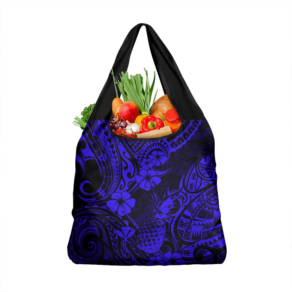 Hawaii Pineapple Grocery Bag Paradise Flowers Pacific With Navy Blue Polynesian Tribal