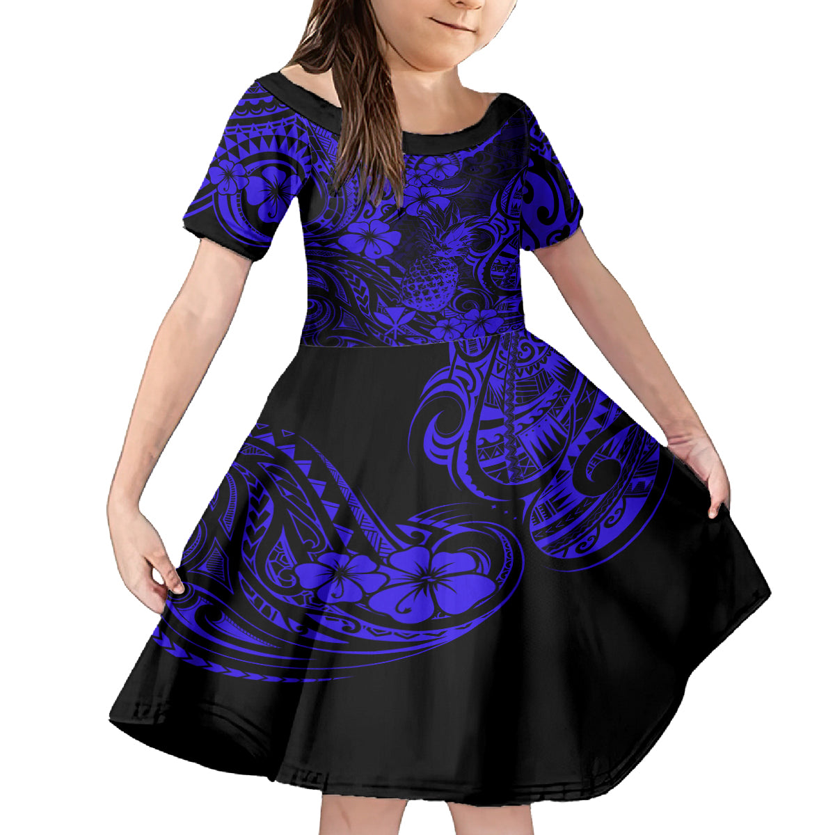 Hawaii Pineapple Kid Short Sleeve Dress Paradise Flowers Pacific With Navy Blue Polynesian Tribal LT01 KID Blue - Polynesian Pride