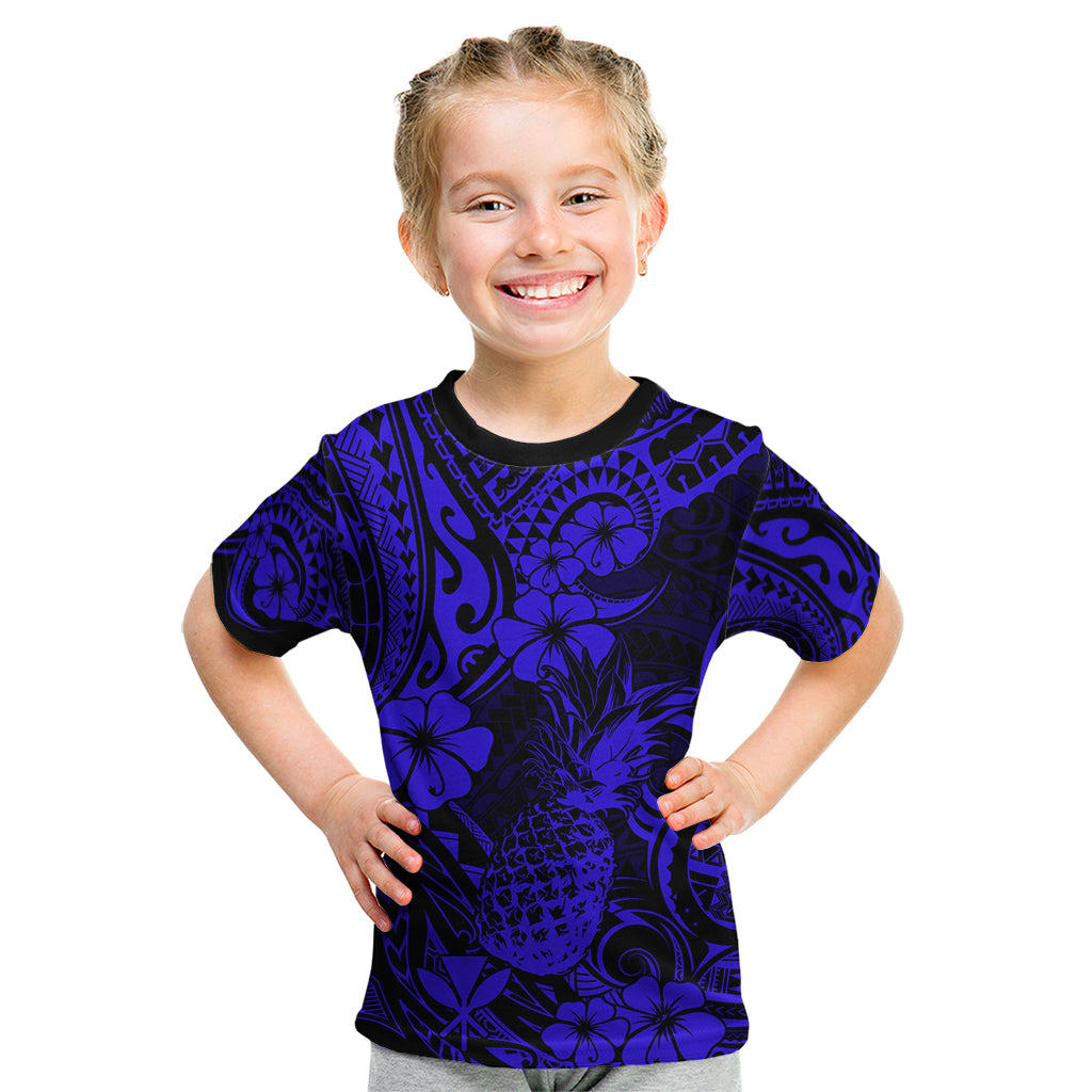 Hawaii Pineapple Kid T Shirt Paradise Flowers Pacific With Navy Blue Polynesian Tribal LT01 Blue - Polynesian Pride