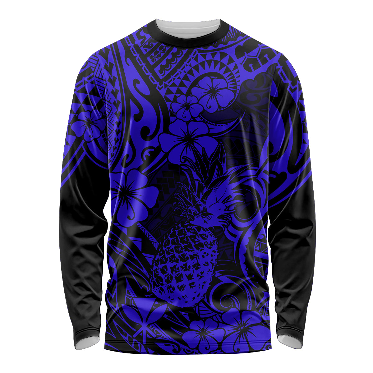 Hawaii Pineapple Long Sleeve Shirt Paradise Flowers Pacific With Navy Blue Polynesian Tribal LT01 Unisex Blue - Polynesian Pride