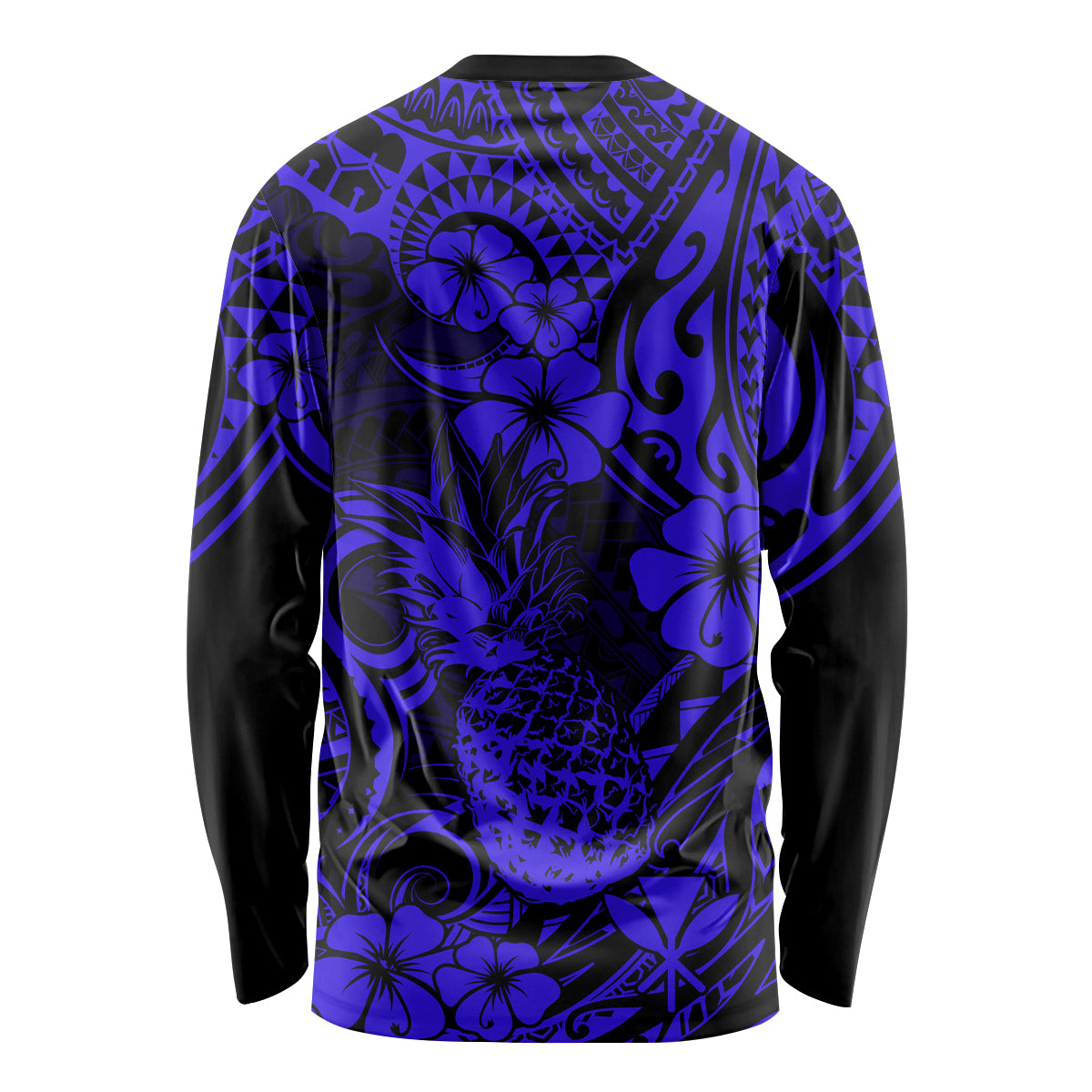 Hawaii Pineapple Long Sleeve Shirt Paradise Flowers Pacific With Navy Blue Polynesian Tribal LT01 - Polynesian Pride