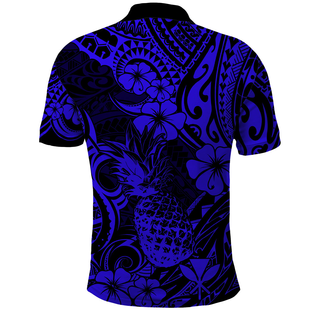 Hawaii Pineapple Polo Shirt Paradise Flowers Pacific With Navy Blue Polynesian Tribal LT01 - Polynesian Pride