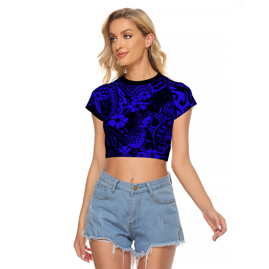 Hawaii Pineapple Raglan Cropped T Shirt Paradise Flowers Pacific With Navy Blue Polynesian Tribal LT01 Female Blue - Polynesian Pride
