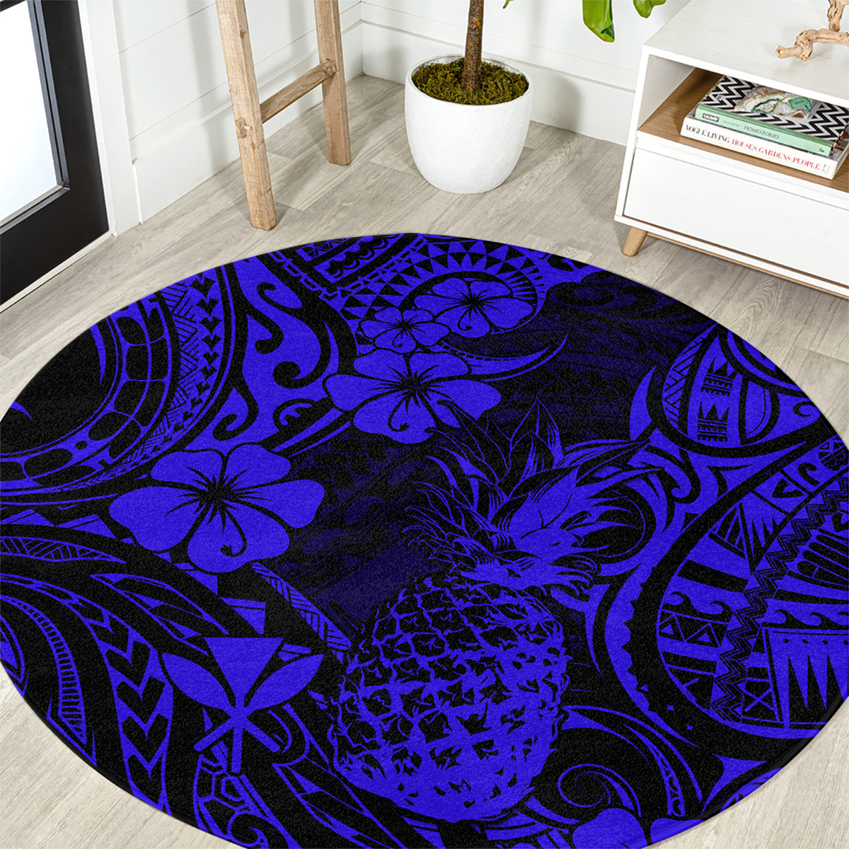 Hawaii Pineapple Round Carpet Paradise Flowers Pacific With Navy Blue Polynesian Tribal LT01 Blue - Polynesian Pride