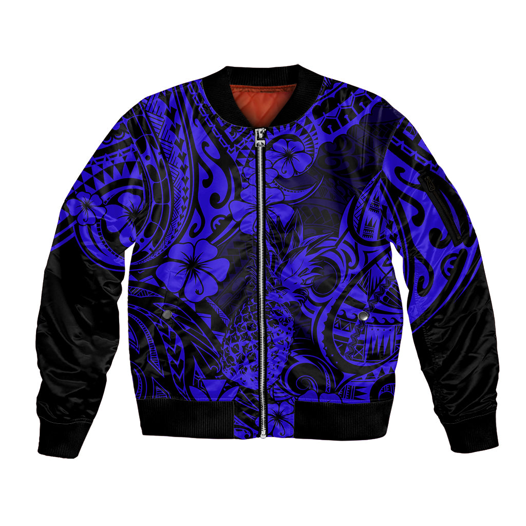 Hawaii Pineapple Sleeve Zip Bomber Jacket Paradise Flowers Pacific With Navy Blue Polynesian Tribal LT01 Unisex Blue - Polynesian Pride