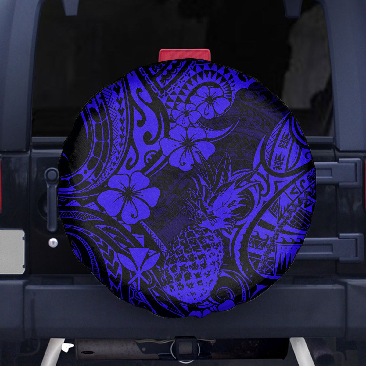 Hawaii Pineapple Spare Tire Cover Paradise Flowers Pacific With Navy Blue Polynesian Tribal LT01 - Polynesian Pride