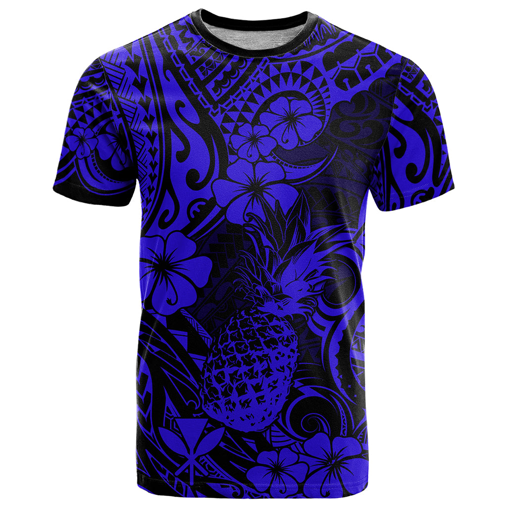 Hawaii Pineapple T Shirt Paradise Flowers Pacific With Navy Blue Polynesian Tribal LT01 Blue - Polynesian Pride