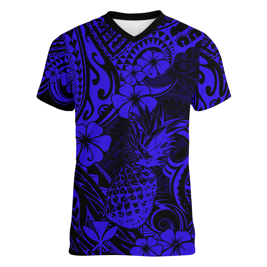 Hawaii Pineapple Women V Neck T Shirt Paradise Flowers Pacific With Navy Blue Polynesian Tribal LT01 Female Blue - Polynesian Pride