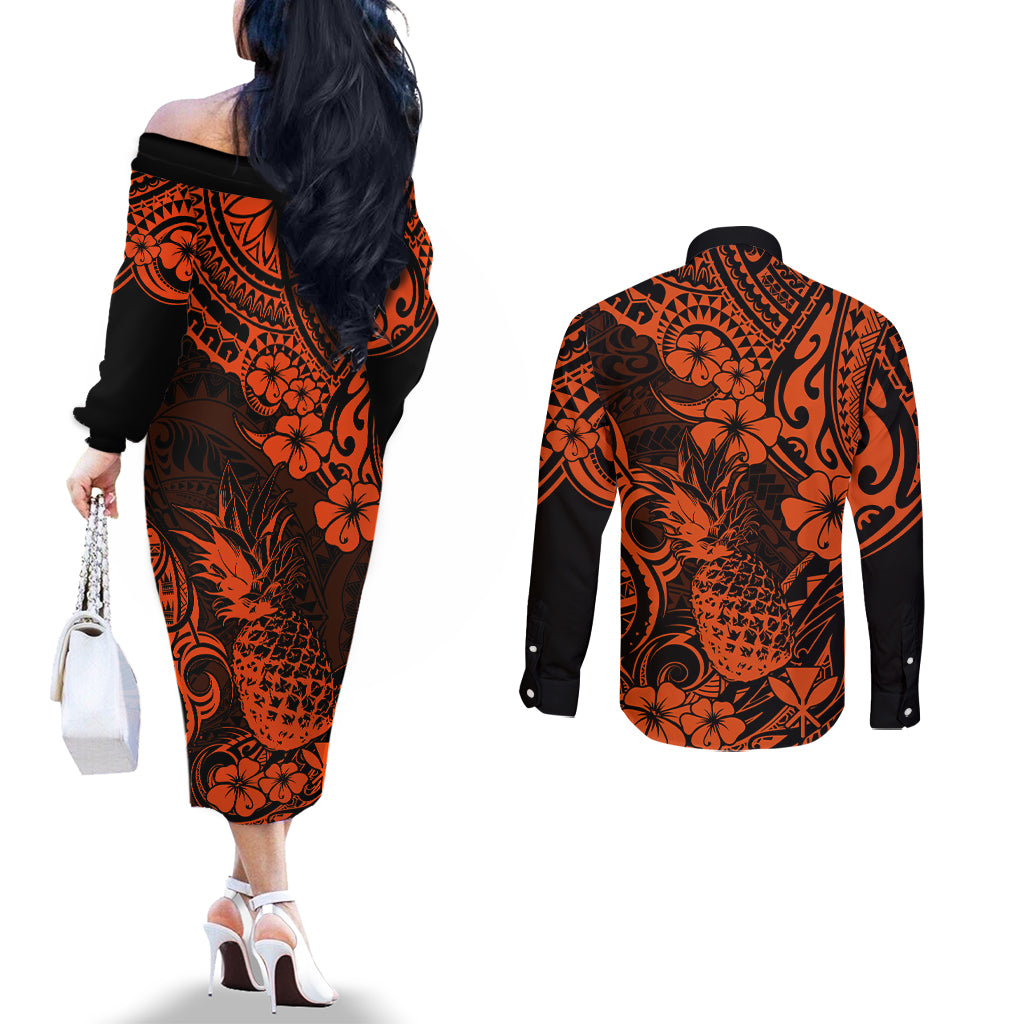 Hawaii Pineapple Couples Matching Off The Shoulder Long Sleeve Dress and Long Sleeve Button Shirts Paradise Flowers Pacific With Orange Polynesian Tribal LT01 - Polynesian Pride
