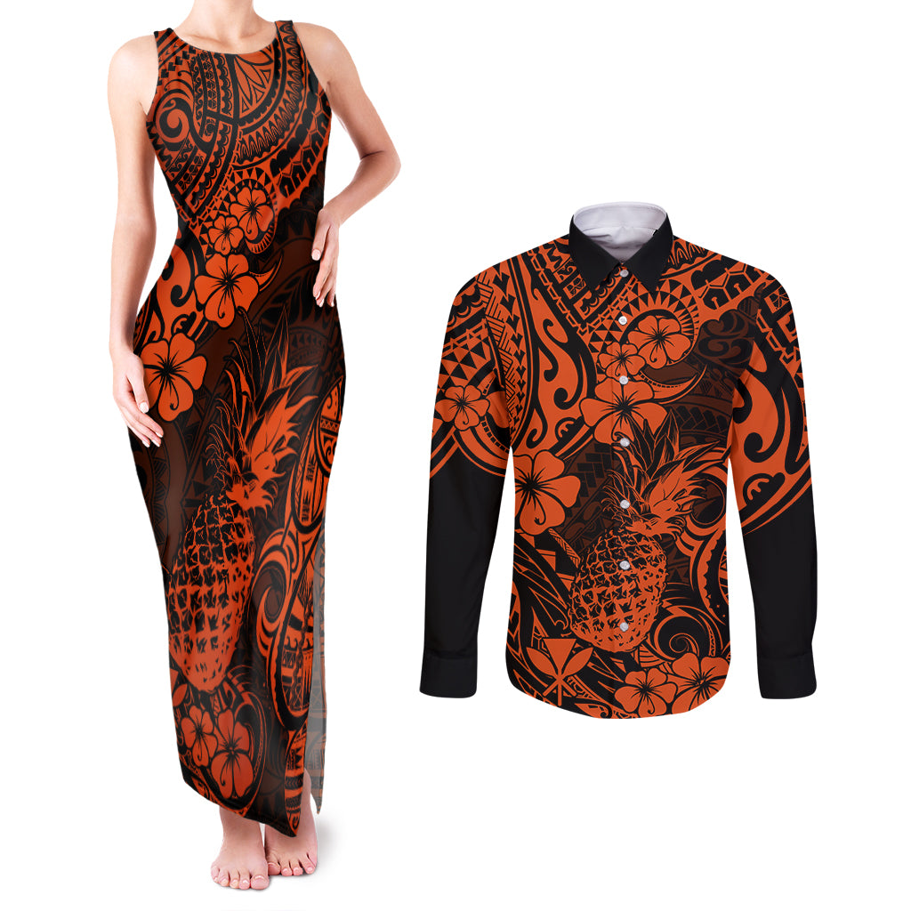 Hawaii Pineapple Couples Matching Tank Maxi Dress and Long Sleeve Button Shirts Paradise Flowers Pacific With Orange Polynesian Tribal LT01 Orange - Polynesian Pride