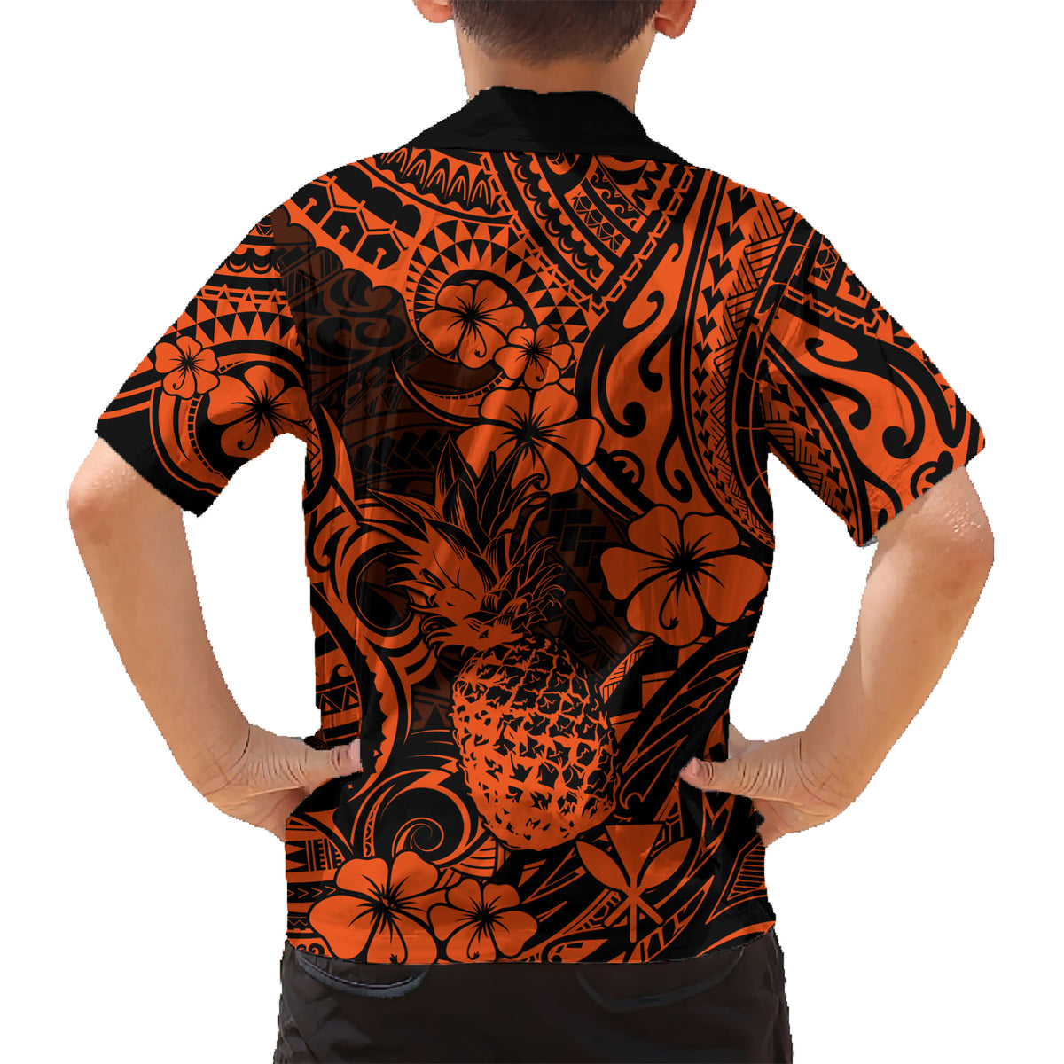 Hawaii Pineapple Family Matching Short Sleeve Bodycon Dress and Hawaiian Shirt Paradise Flowers Pacific With Orange Polynesian Tribal LT01 - Polynesian Pride