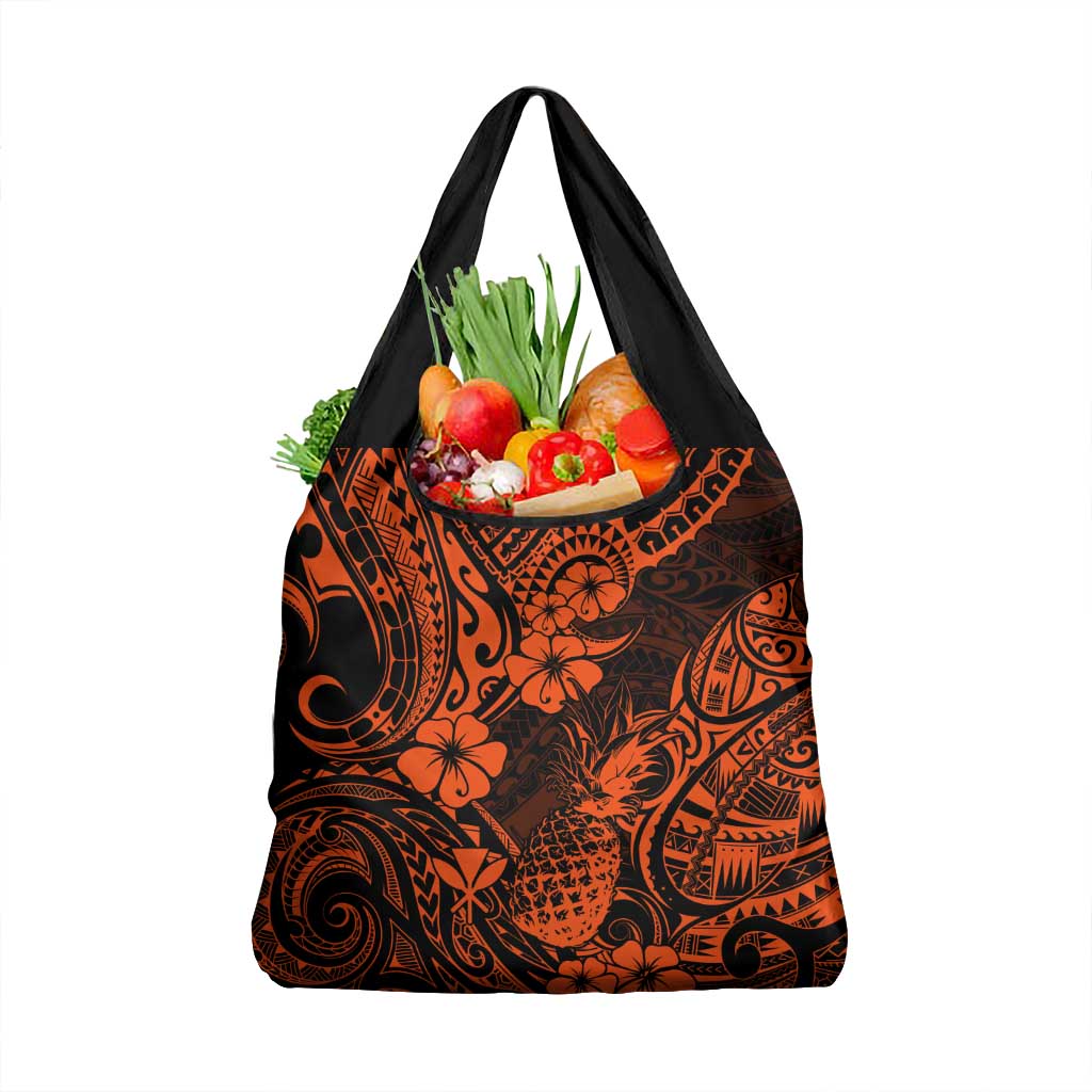 Hawaii Pineapple Grocery Bag Paradise Flowers Pacific With Orange Polynesian Tribal