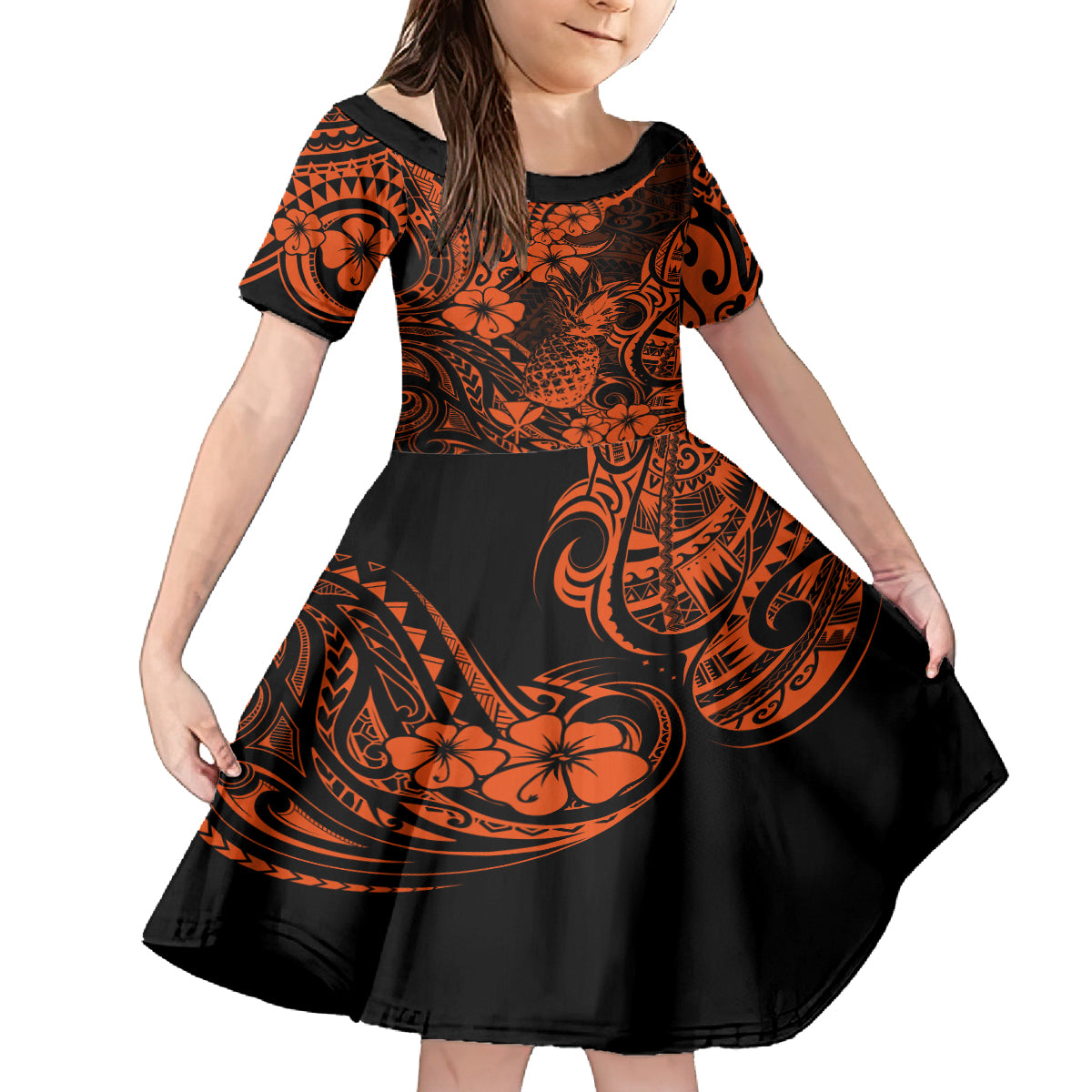 Hawaii Pineapple Kid Short Sleeve Dress Paradise Flowers Pacific With Orange Polynesian Tribal LT01 KID Orange - Polynesian Pride