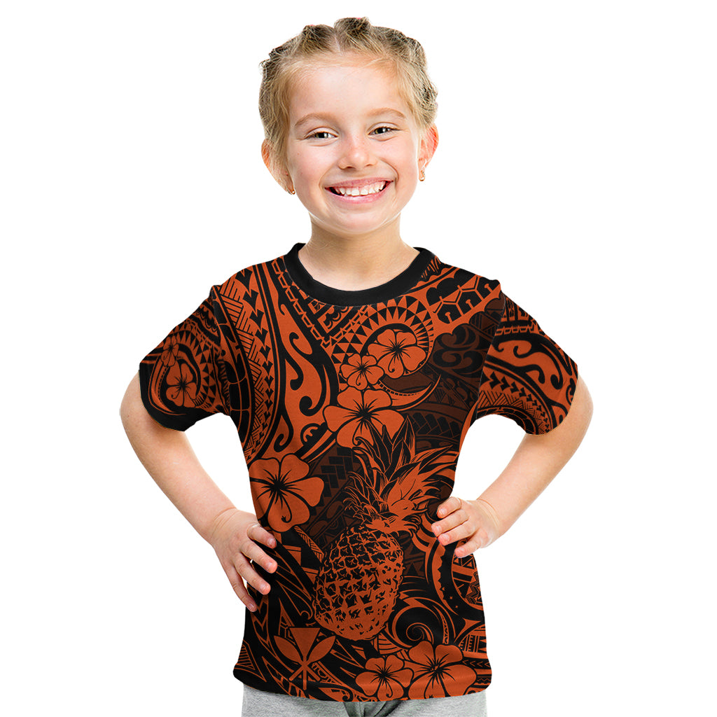 Hawaii Pineapple Kid T Shirt Paradise Flowers Pacific With Orange Polynesian Tribal LT01 Orange - Polynesian Pride