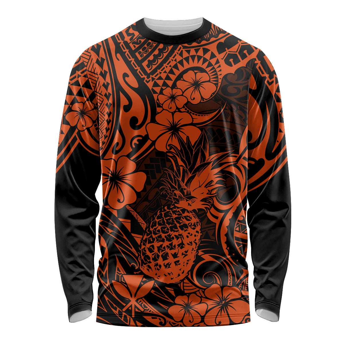 Hawaii Pineapple Long Sleeve Shirt Paradise Flowers Pacific With Orange Polynesian Tribal LT01 Unisex Orange - Polynesian Pride