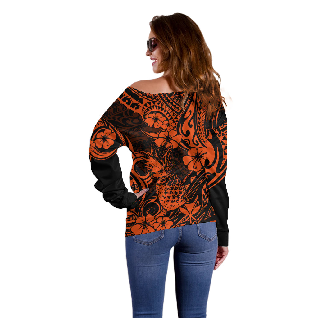 Hawaii Pineapple Off Shoulder Sweater Paradise Flowers Pacific With Orange Polynesian Tribal LT01 - Polynesian Pride
