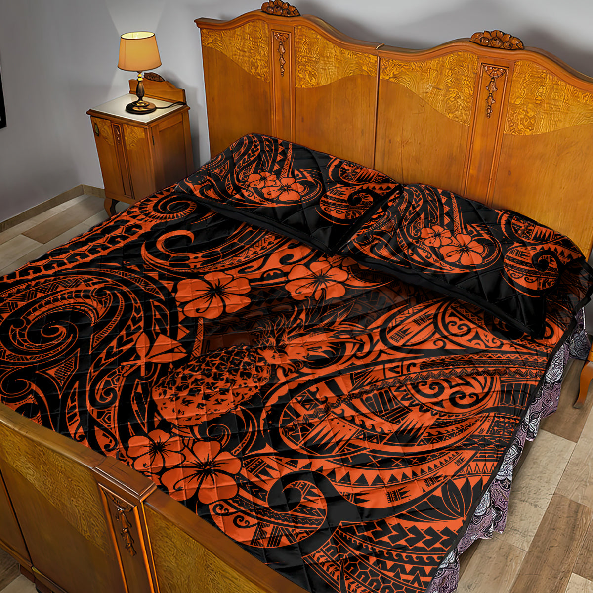 Hawaii Pineapple Quilt Bed Set Paradise Flowers Pacific With Orange Polynesian Tribal LT01 - Polynesian Pride