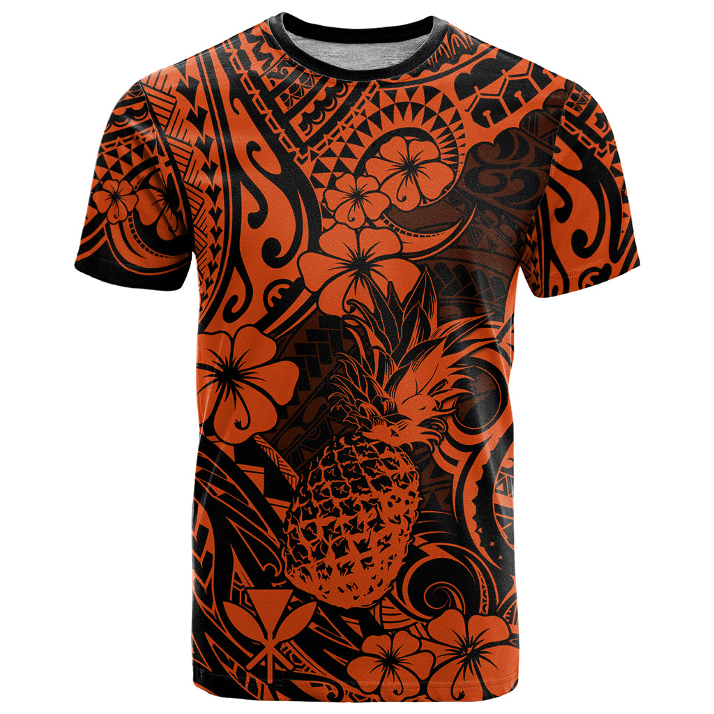 Hawaii Pineapple T Shirt Paradise Flowers Pacific With Orange Polynesian Tribal LT01 Orange - Polynesian Pride