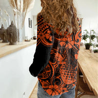 Hawaii Pineapple Women Casual Shirt Paradise Flowers Pacific With Orange Polynesian Tribal LT01 - Polynesian Pride