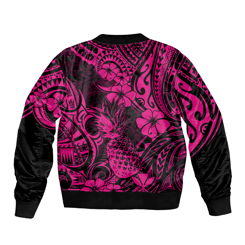 Hawaii Pineapple Bomber Jacket Paradise Flowers Pacific With Pink Polynesian Tribal LT01 - Polynesian Pride