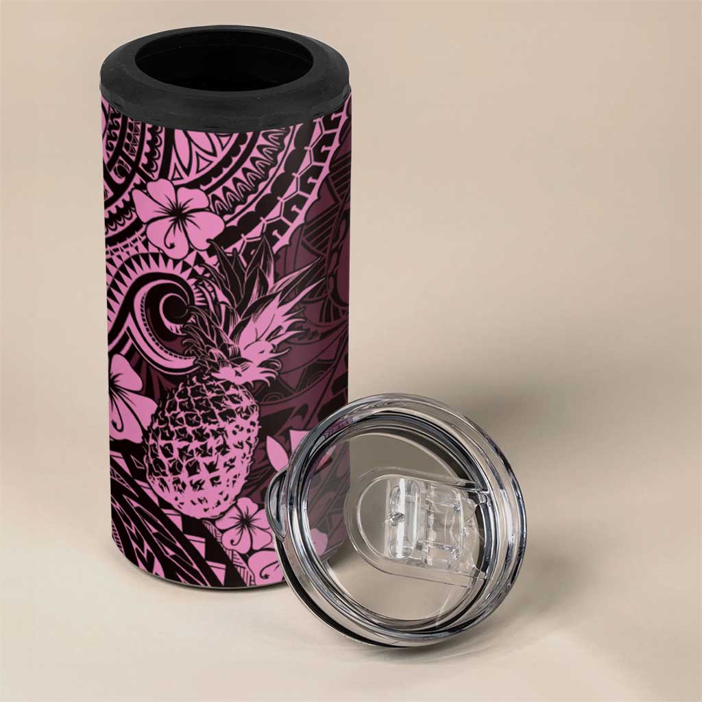 Hawaii Pineapple 4 in 1 Can Cooler Tumbler Paradise Flowers Pacific With Pink Polynesian Tribal