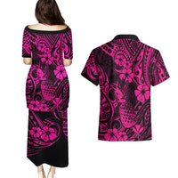 Hawaii Pineapple Couples Matching Puletasi Dress and Hawaiian Shirt Paradise Flowers Pacific With Pink Polynesian Tribal LT01 - Polynesian Pride