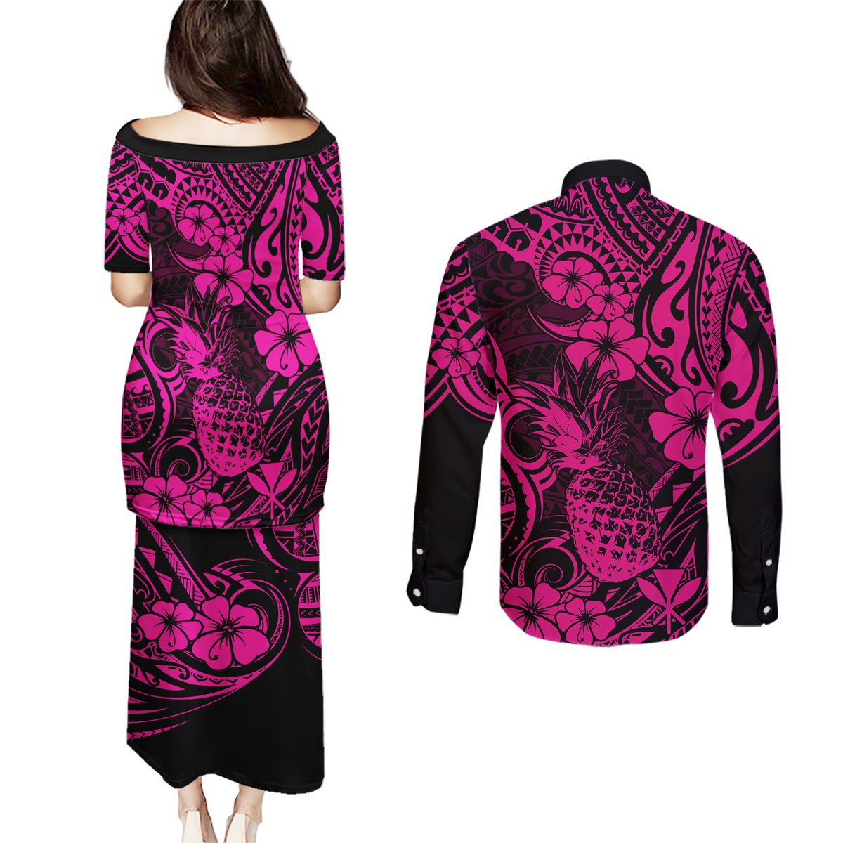 Hawaii Pineapple Couples Matching Puletasi Dress and Long Sleeve Button Shirts Paradise Flowers Pacific With Pink Polynesian Tribal LT01 - Polynesian Pride