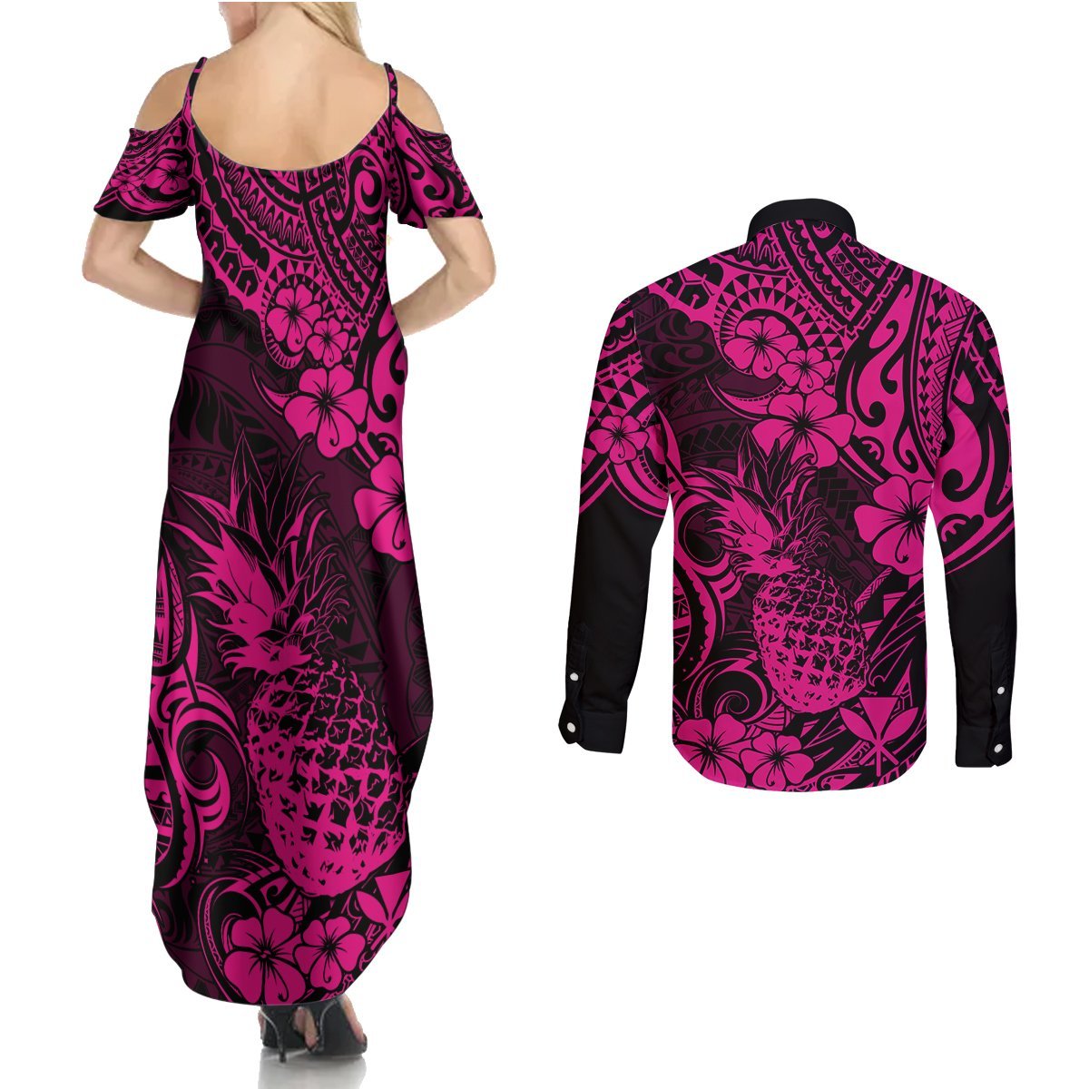 Hawaii Pineapple Couples Matching Summer Maxi Dress and Long Sleeve Button Shirts Paradise Flowers Pacific With Pink Polynesian Tribal LT01 - Polynesian Pride