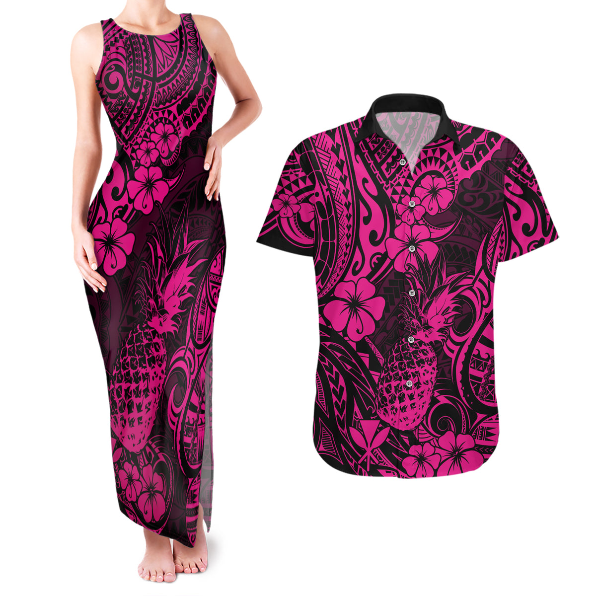 Hawaii Pineapple Couples Matching Tank Maxi Dress and Hawaiian Shirt Paradise Flowers Pacific With Pink Polynesian Tribal LT01 Pink - Polynesian Pride