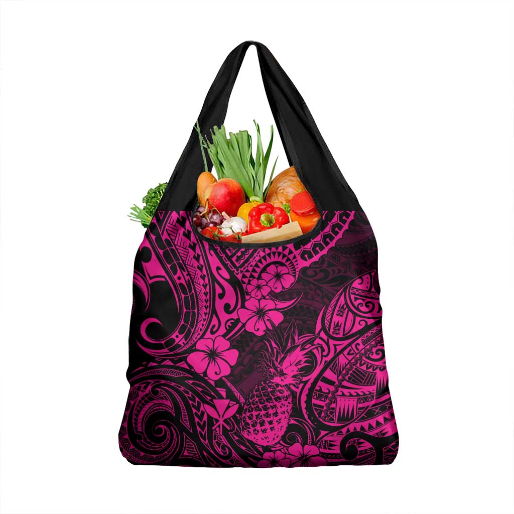 Hawaii Pineapple Grocery Bag Paradise Flowers Pacific With Pink Polynesian Tribal