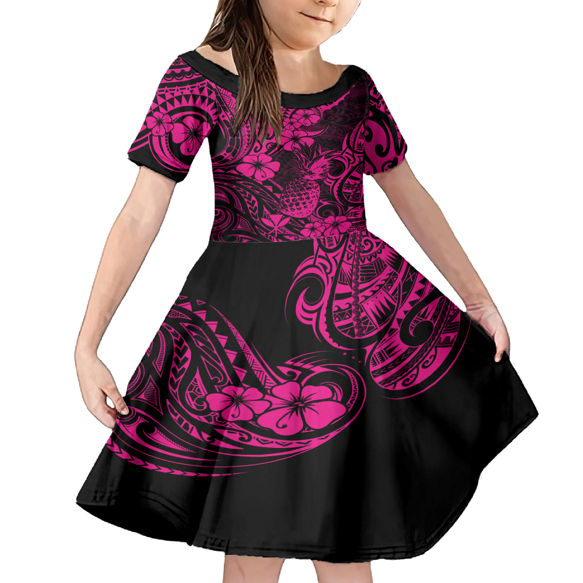 Hawaii Pineapple Kid Short Sleeve Dress Paradise Flowers Pacific With Pink Polynesian Tribal LT01 KID Pink - Polynesian Pride