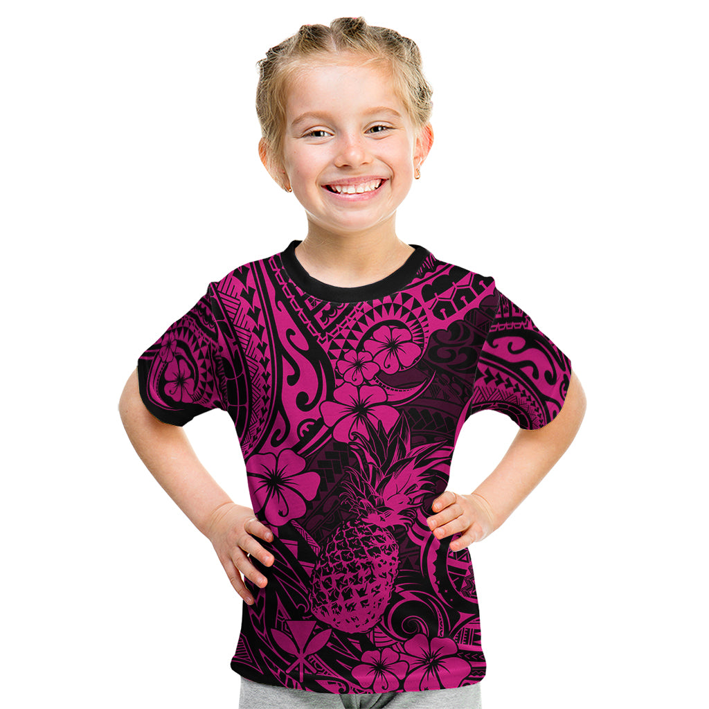 Hawaii Pineapple Kid T Shirt Paradise Flowers Pacific With Pink Polynesian Tribal LT01 Pink - Polynesian Pride