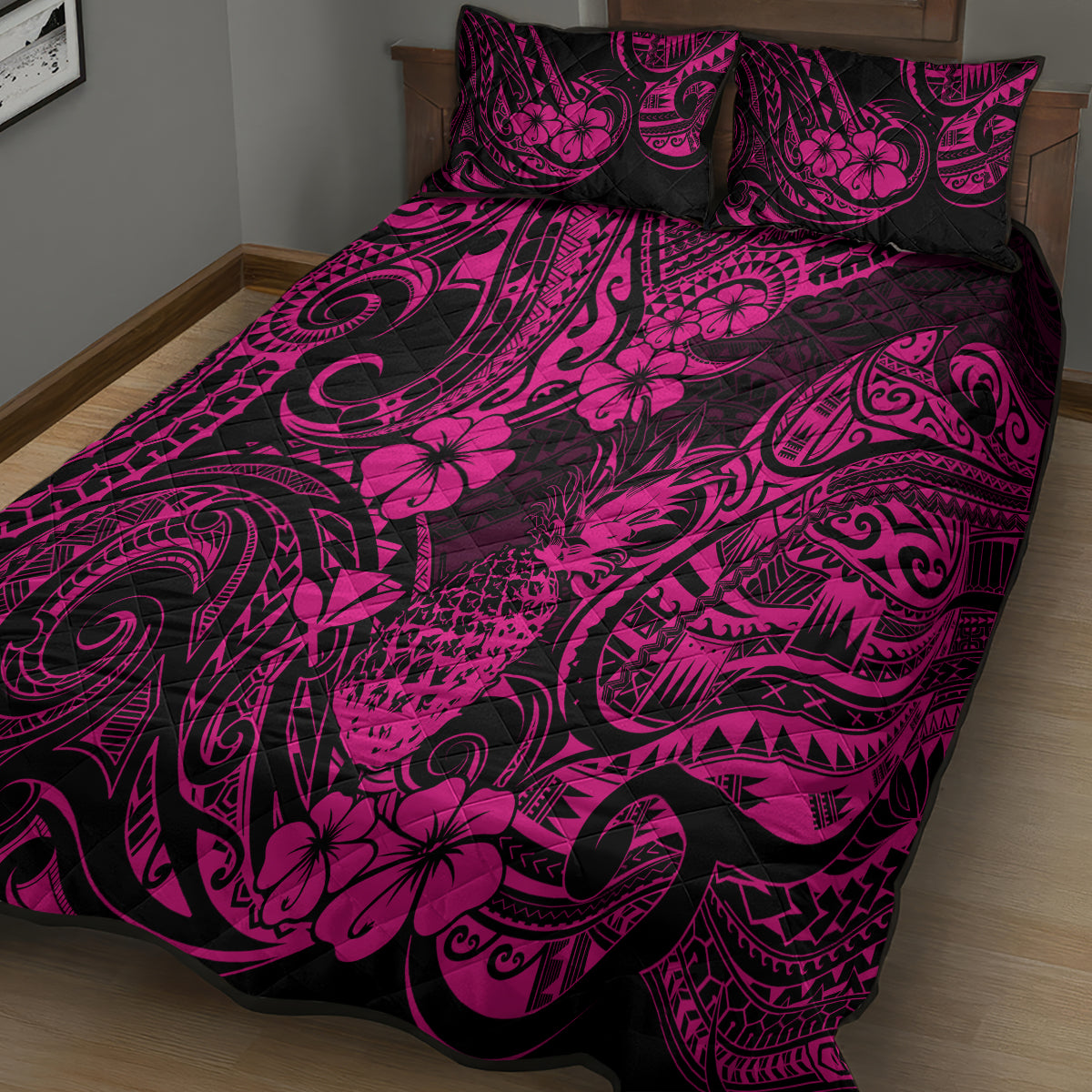 Hawaii Pineapple Quilt Bed Set Paradise Flowers Pacific With Pink Polynesian Tribal LT01 - Polynesian Pride