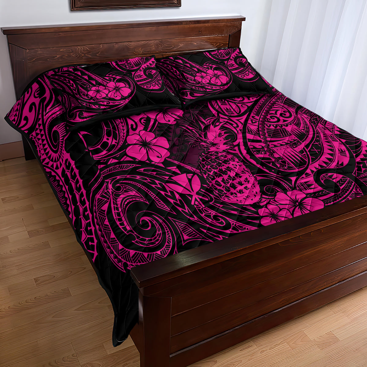 Hawaii Pineapple Quilt Bed Set Paradise Flowers Pacific With Pink Polynesian Tribal LT01 - Polynesian Pride