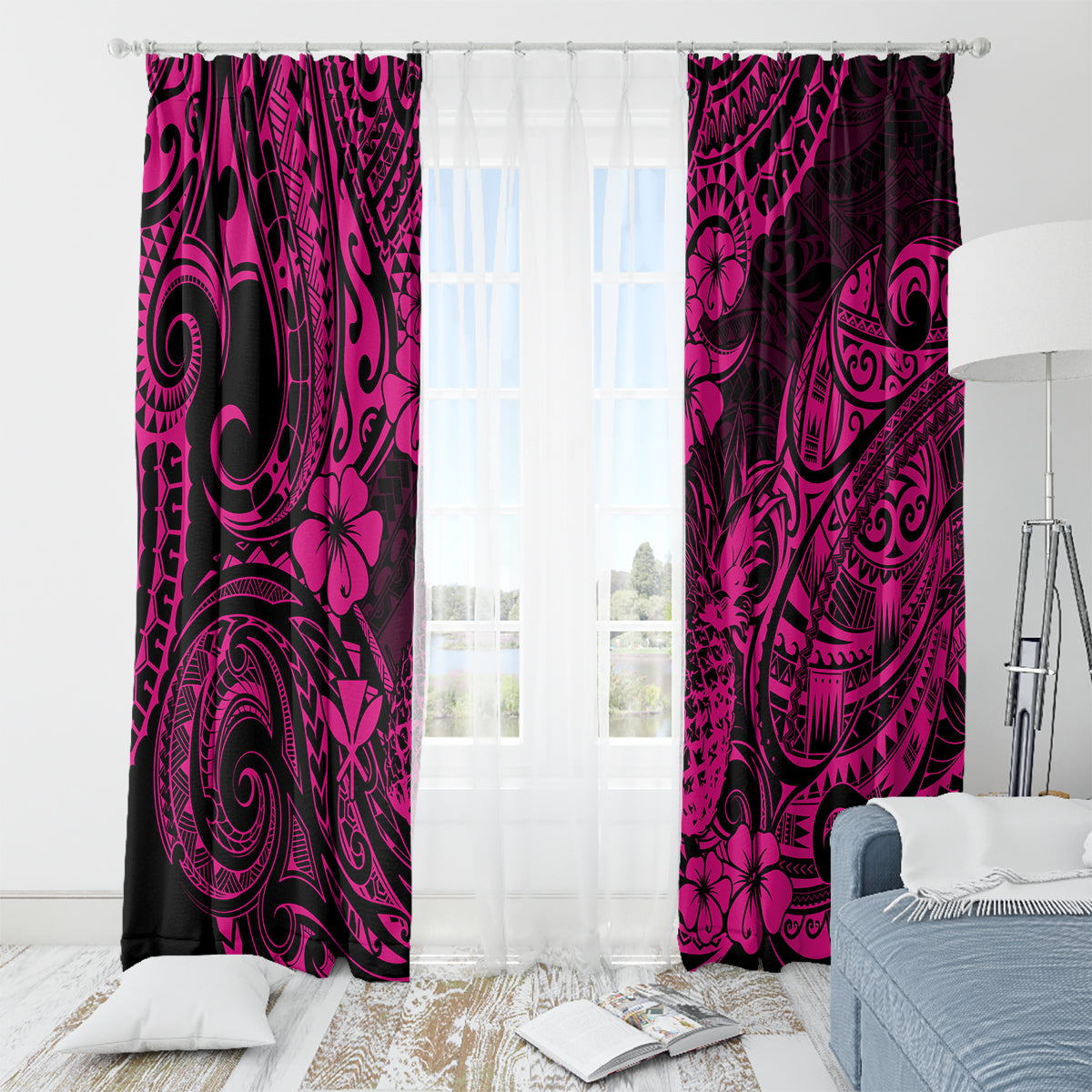 Hawaii Pineapple Window Curtain Paradise Flowers Pacific With Pink Polynesian Tribal LT01 - Polynesian Pride