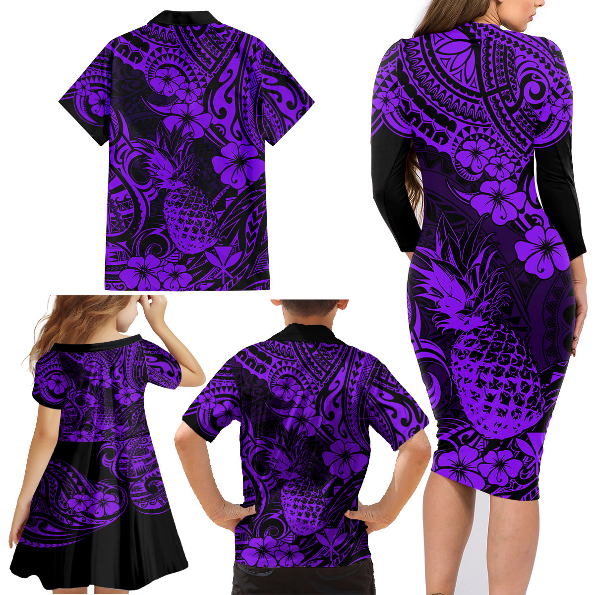Hawaii Pineapple Family Matching Long Sleeve Bodycon Dress and Hawaiian Shirt Polynesian Pattern Purple Version LT01 - Polynesian Pride