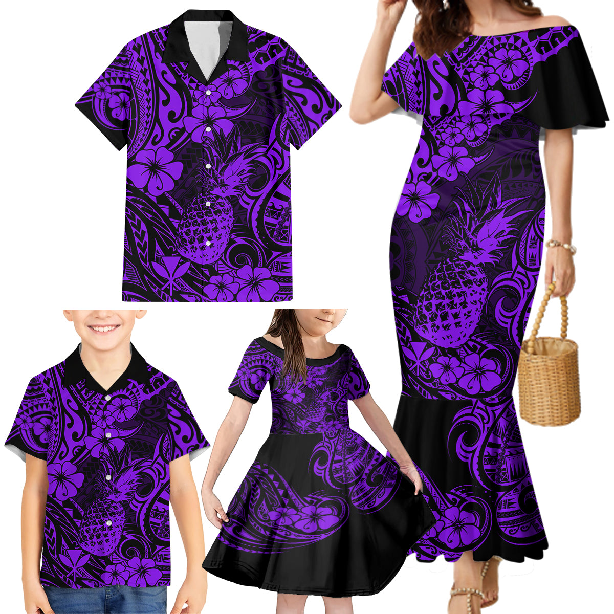 Hawaii Pineapple Family Matching Mermaid Dress and Hawaiian Shirt Polynesian Pattern Purple Version LT01 - Polynesian Pride