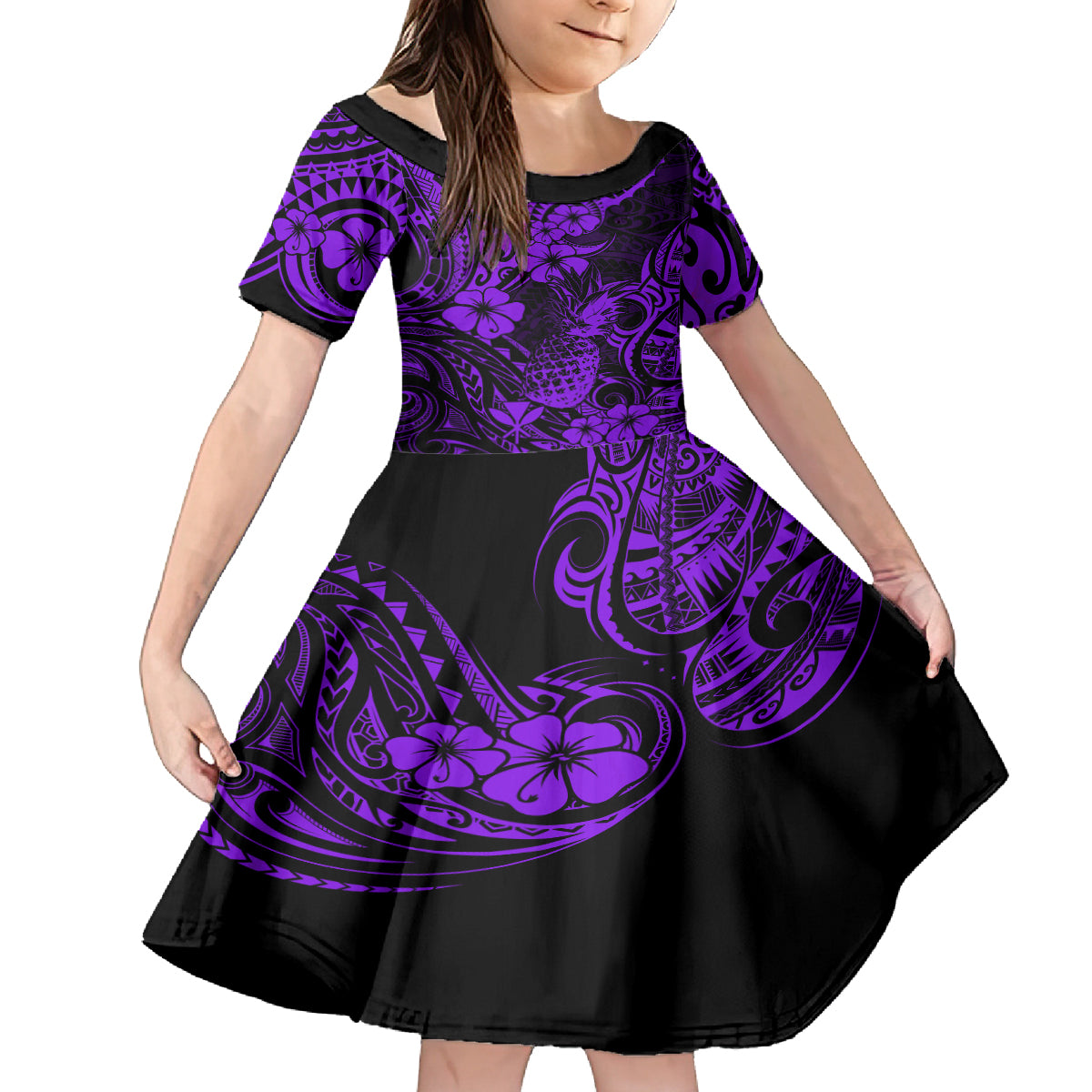 Hawaii Pineapple Kid Short Sleeve Dress Polynesian Pattern Purple Version LT01 KID Purple - Polynesian Pride