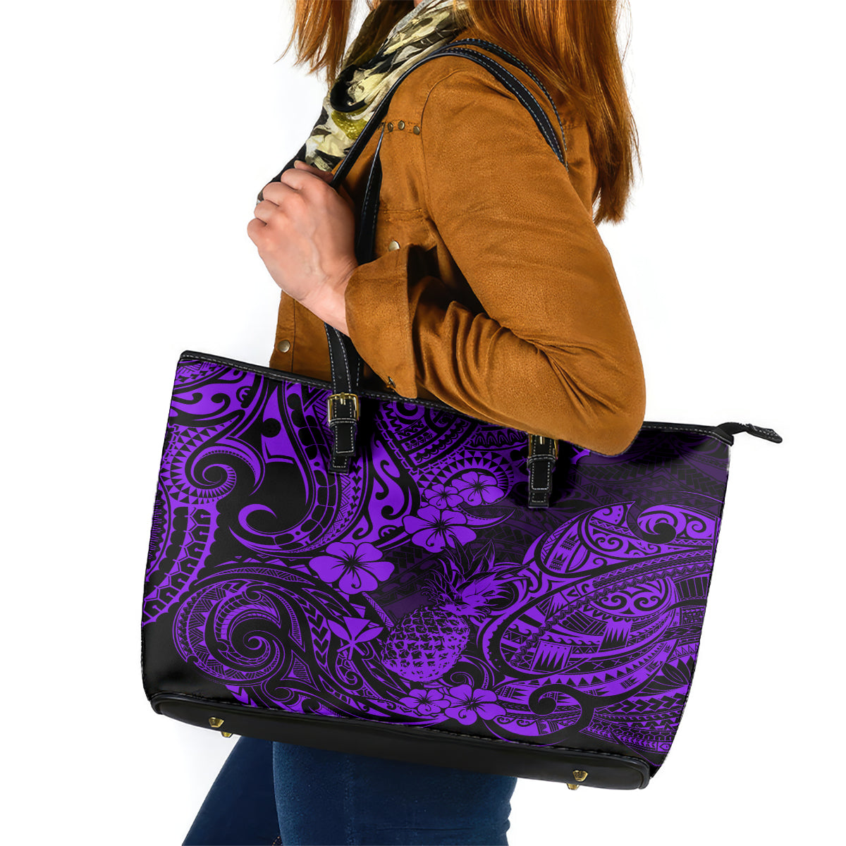 Hawaii Pineapple Leather Tote Bag Polynesian Pattern Purple Version LT01 Purple - Polynesian Pride