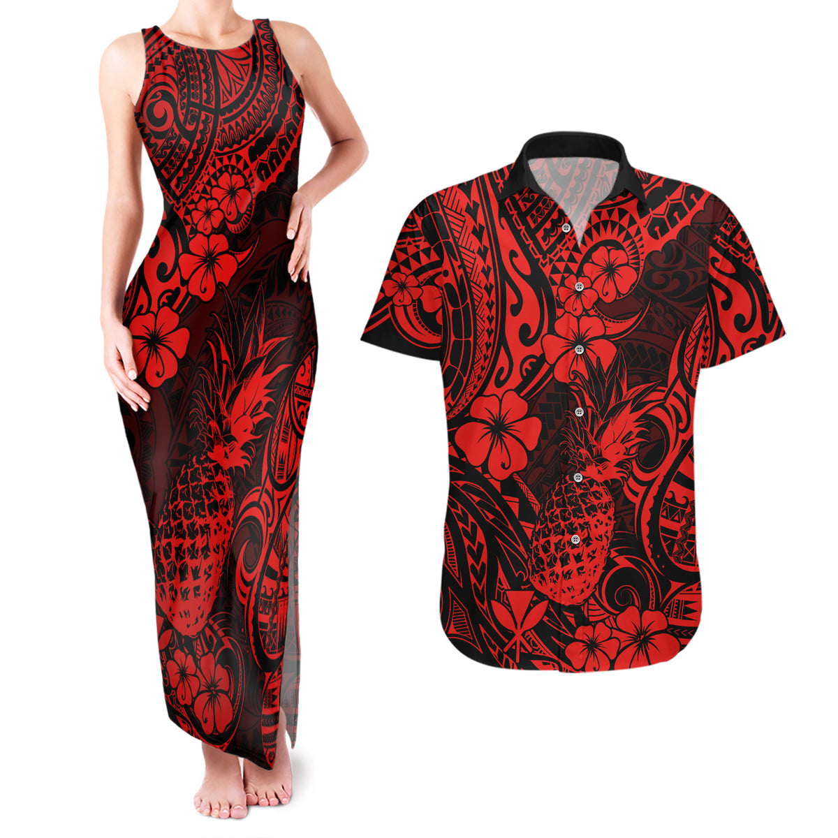 Hawaii Pineapple Couples Matching Tank Maxi Dress and Hawaiian Shirt Polynesian Pattern Red Version LT01 Red - Polynesian Pride