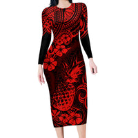 Hawaii Pineapple Family Matching Long Sleeve Bodycon Dress and Hawaiian Shirt Polynesian Pattern Red Version LT01 Mom's Dress Red - Polynesian Pride