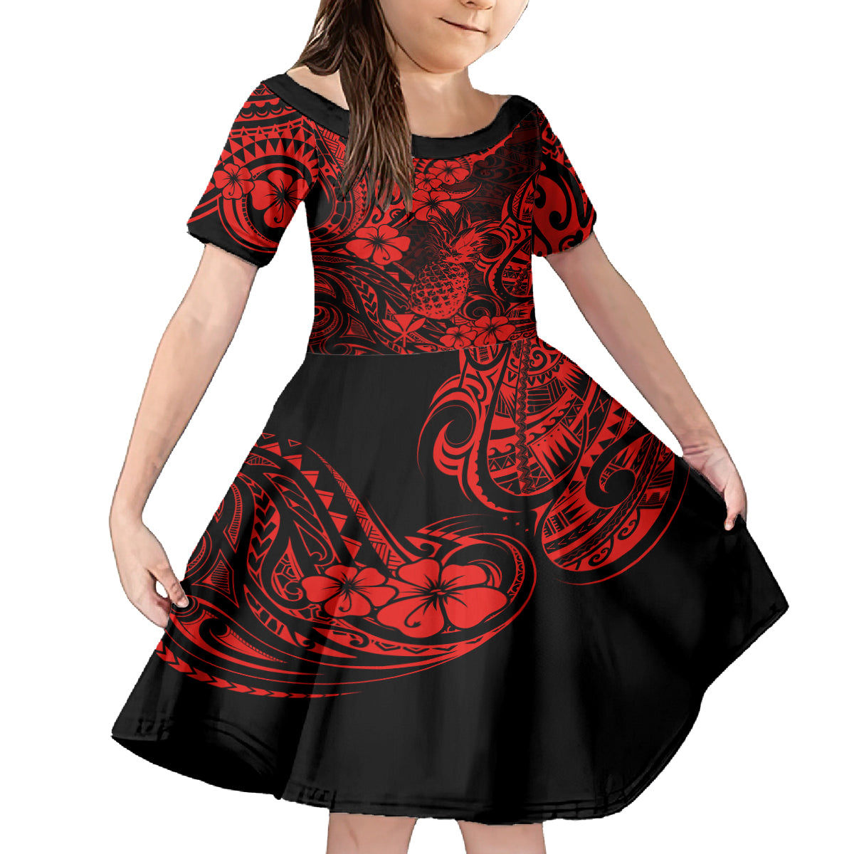 Hawaii Pineapple Kid Short Sleeve Dress Polynesian Pattern Red Version LT01 KID Red - Polynesian Pride