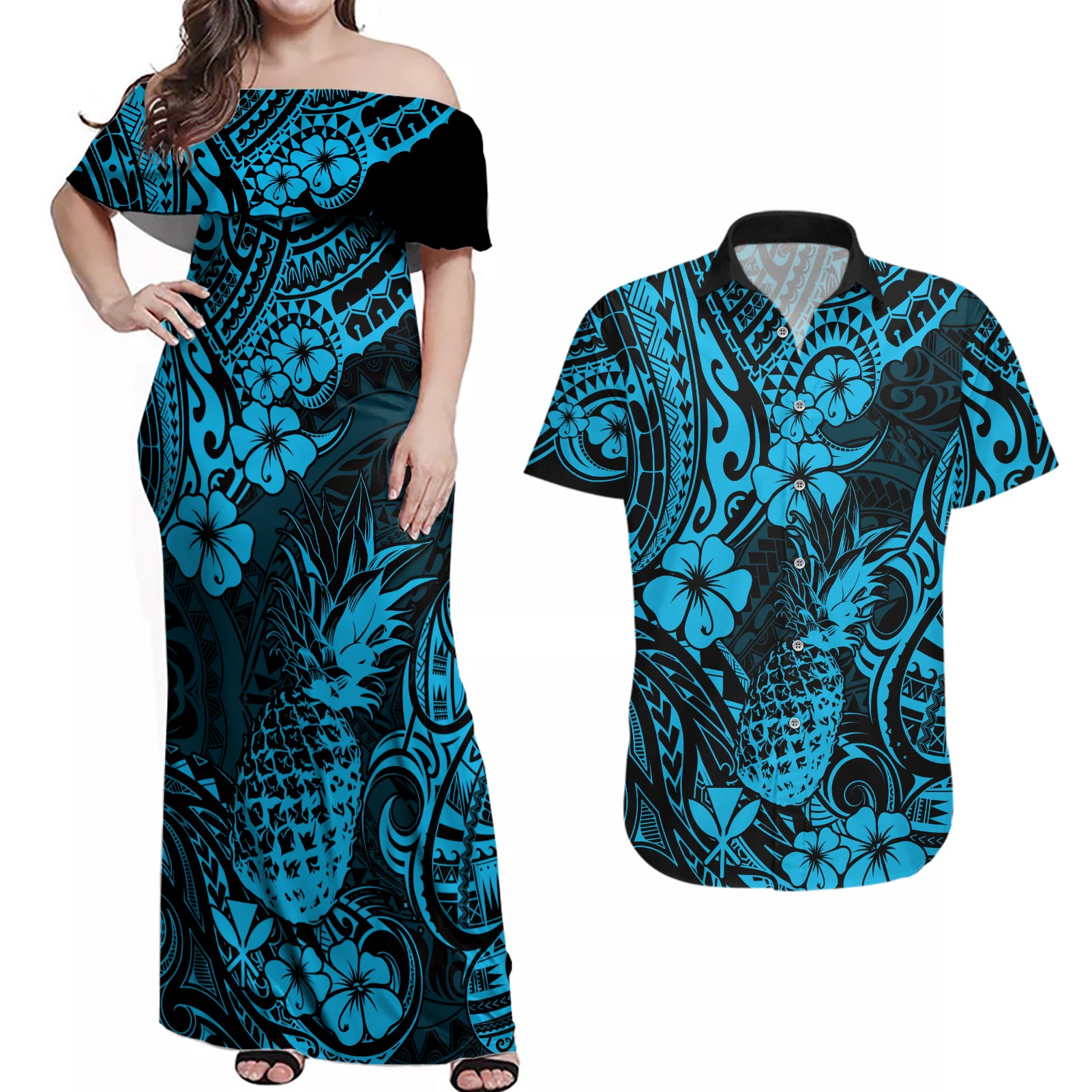 Hawaii Pineapple Couples Matching Off Shoulder Maxi Dress and Hawaiian Shirt Polynesian Pattern Sky Blue Version LT01 Blue - Polynesian Pride