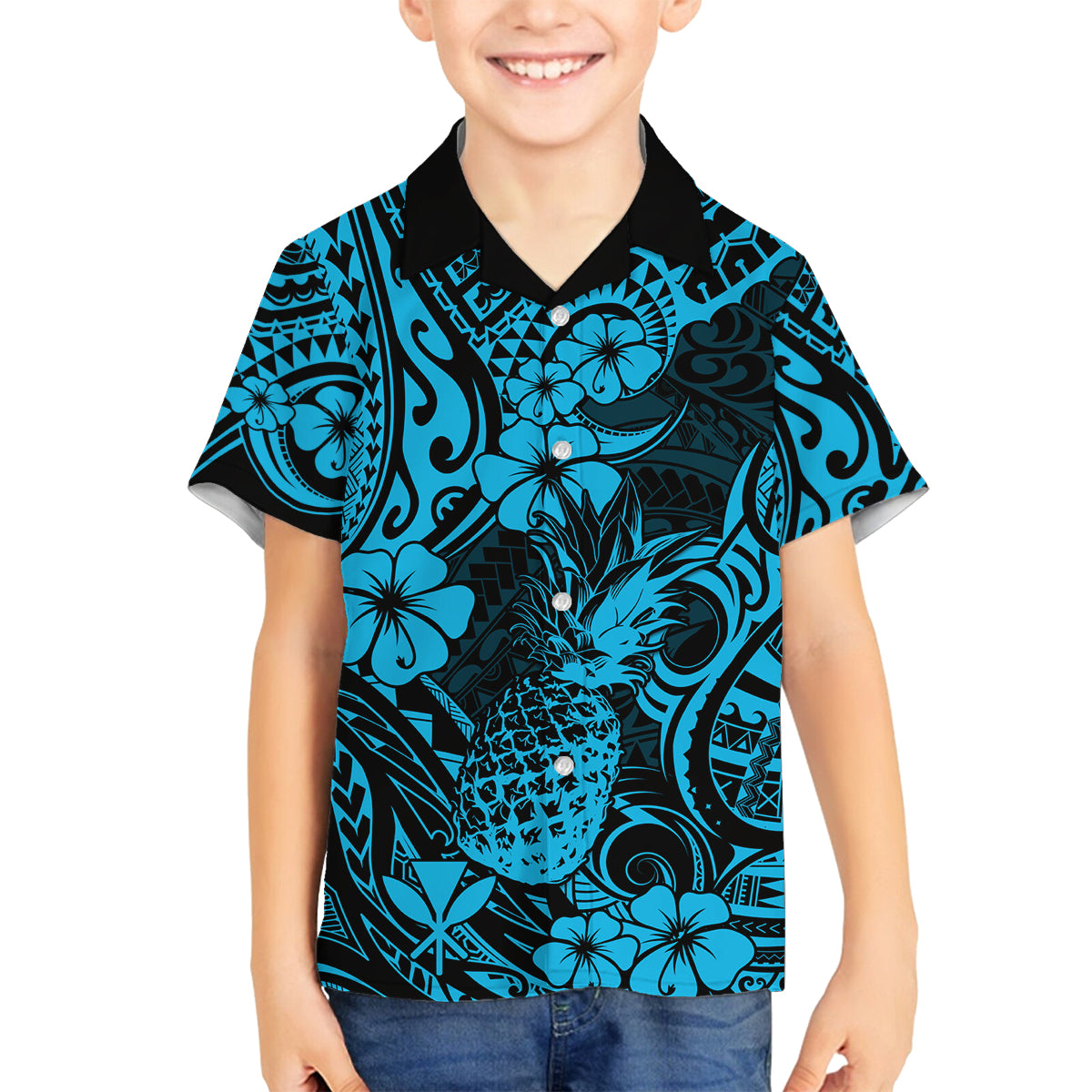 Hawaii Pineapple Family Matching Off Shoulder Short Dress and Hawaiian Shirt Polynesian Pattern Sky Blue Version LT01 Son's Shirt Blue - Polynesian Pride