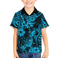 Hawaii Pineapple Family Matching Off Shoulder Short Dress and Hawaiian Shirt Polynesian Pattern Sky Blue Version LT01 Son's Shirt Blue - Polynesian Pride