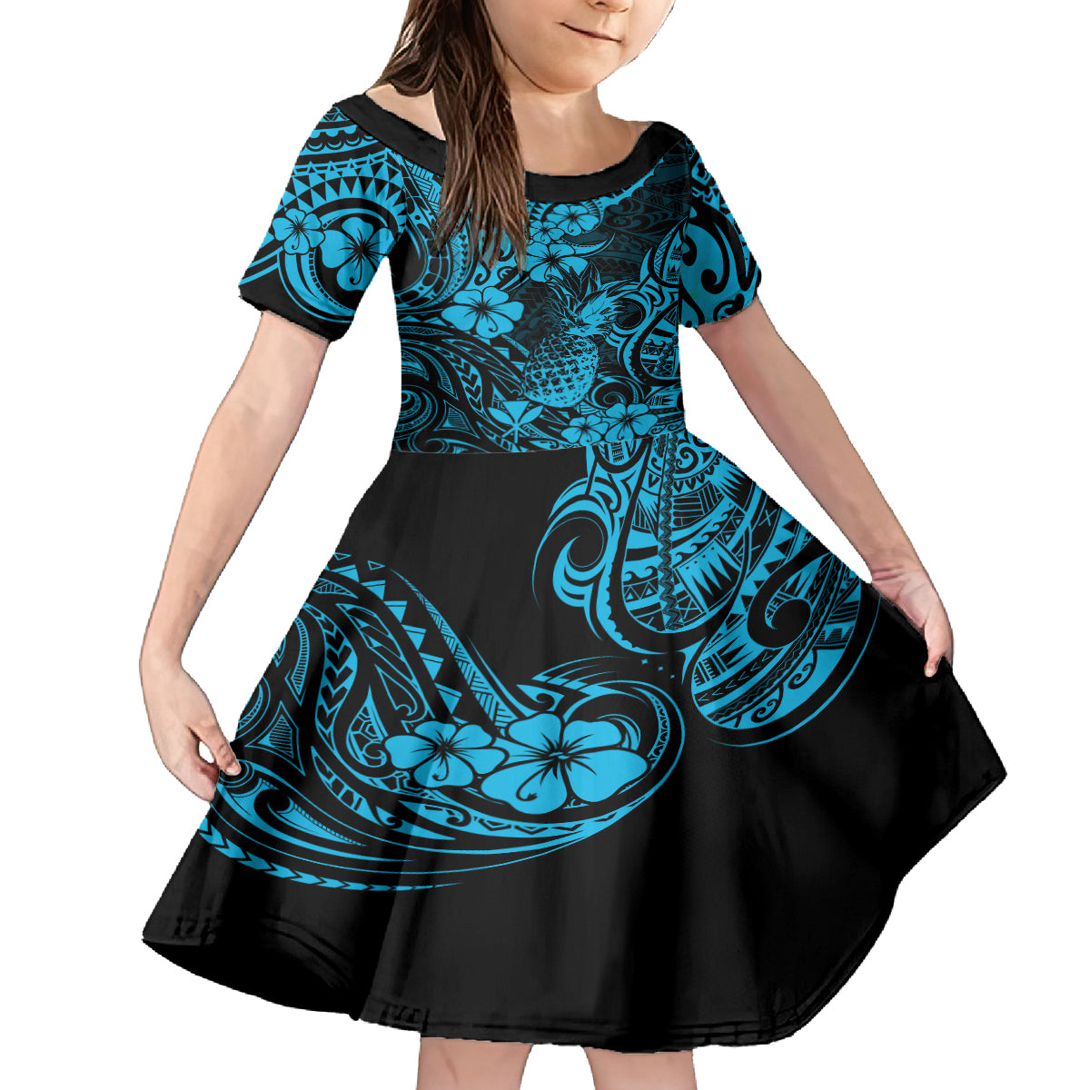 Hawaii Pineapple Kid Short Sleeve Dress Polynesian Pattern Sky Blue Version LT01 KID Blue - Polynesian Pride