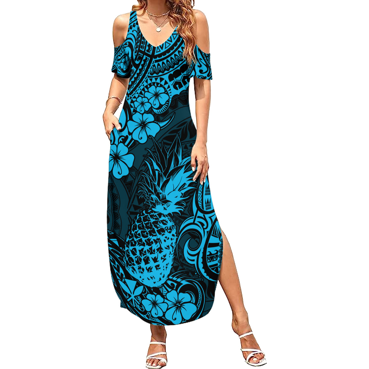 Hawaii Pineapple Summer Maxi Dress Polynesian Pattern Sky Blue Version LT01 Women Blue - Polynesian Pride